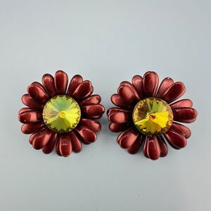 Vintage Rhinestone Flower Earrings Watermelon Rivoli Crystal Wine Red Enamel